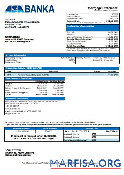 Downloadable Bosnia and Herzegovina ASA Banka bank mortgage statement scr download for verification